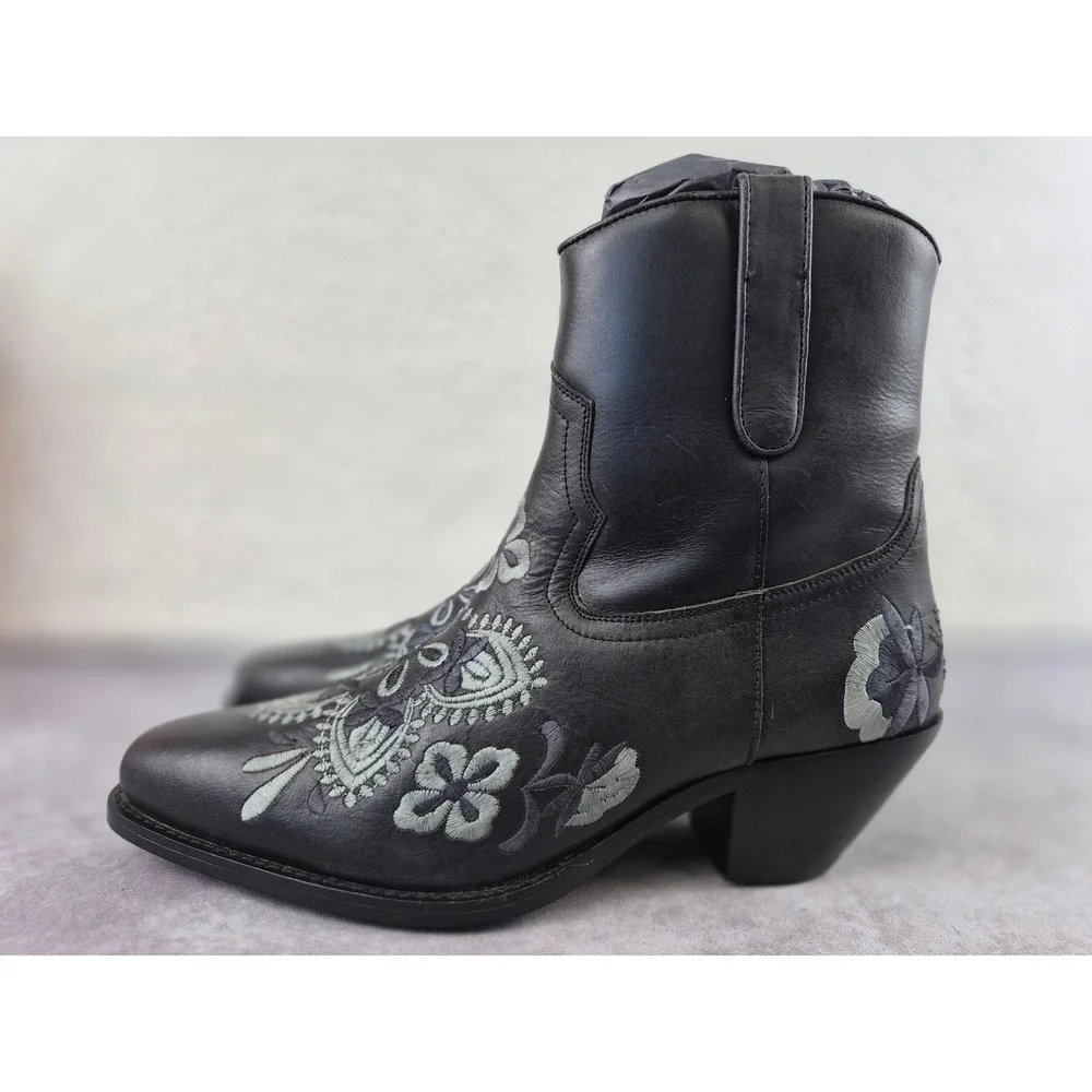 Cains Ville Womens Black Leather Embroidered Western Ankle Boots 9M 29625
